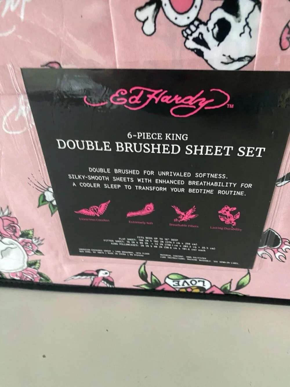 6 Piece Ed Hardy KING Size Sheet Set Pink Logo Skulls Hearts Birds NEW
